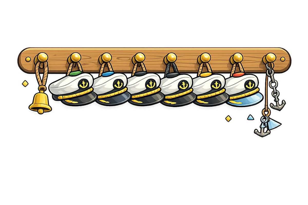 Sailor hats on a wooden rack