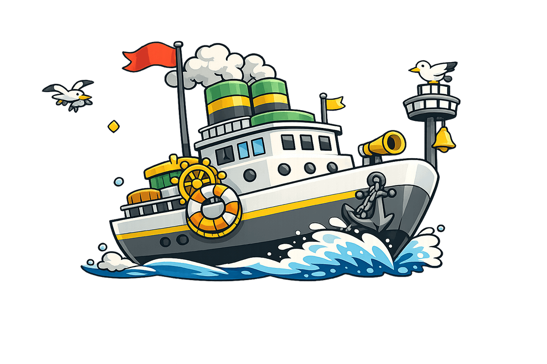 Cartoon ship with seagulls and waves
